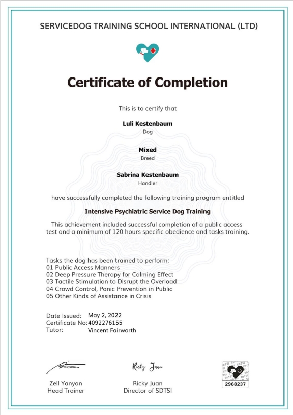 Service dog certificate